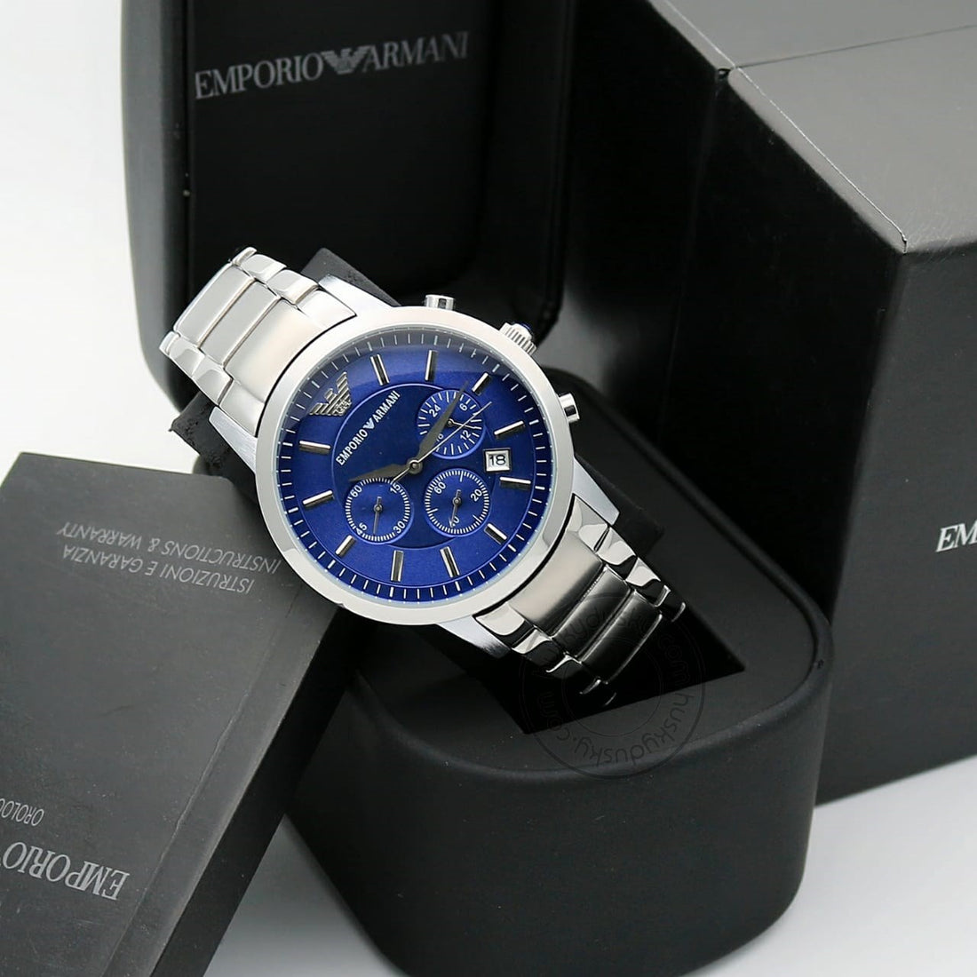 EMPORIO ARMANI SILVER BLUE CHRONOGRAPH WATCH
