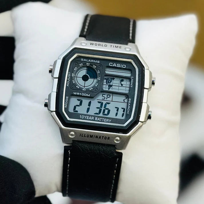 CASIO WATCH WITH LEATHER BELT (BLACK SILVER)