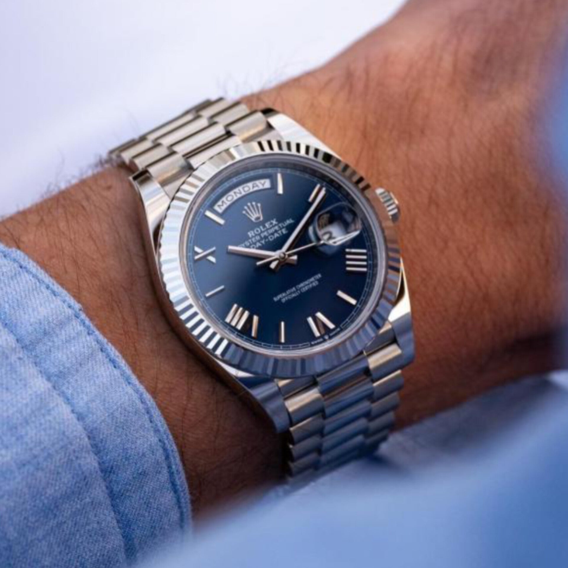 ROLEX DAY DATE SILVER BLUE ROMAN (CELL MODEL)