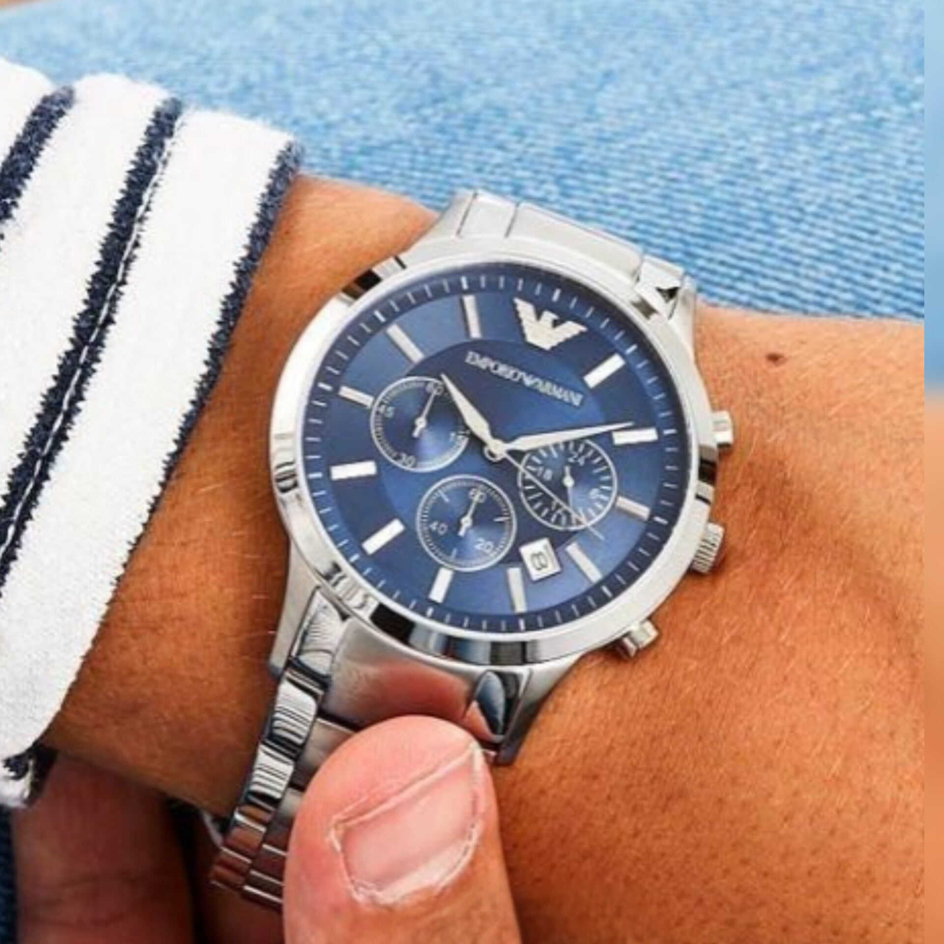 EMPORIO ARMANI SILVER BLUE CHRONOGRAPH WATCH
