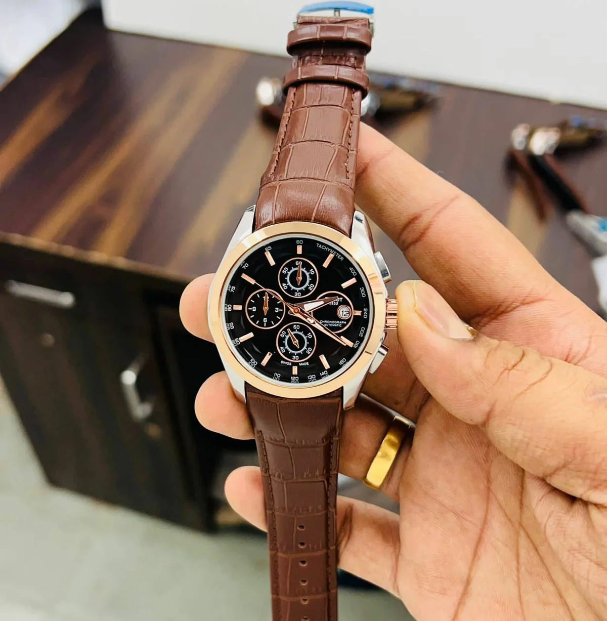 TISSOT 1853 CHRONOGRAPH LEATHER BELT (BROWN BLACK)
