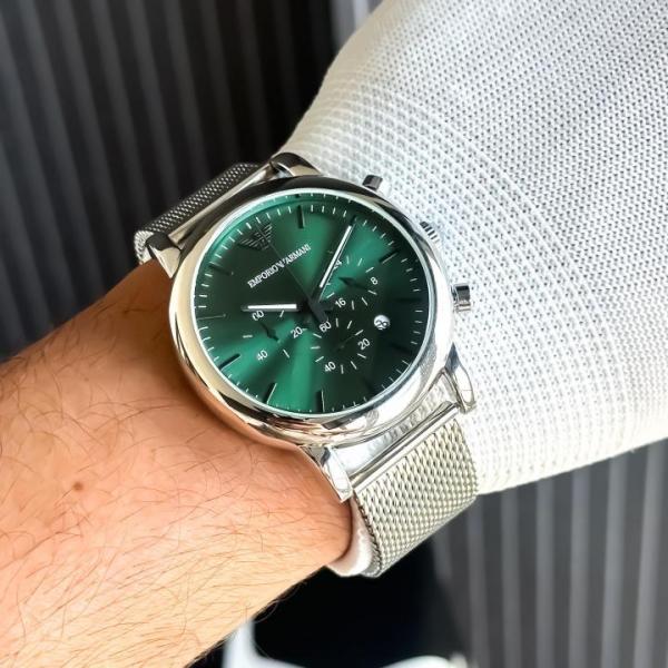 EMPORIO ARMANI LUIGI SILVER GREEN CHAIN BELT WATCH