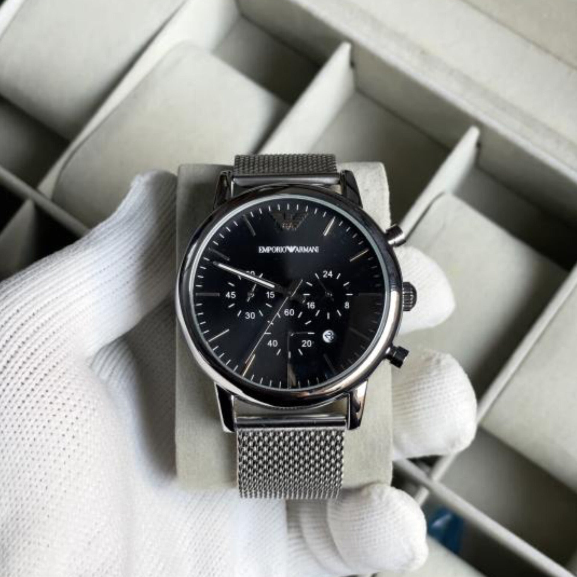 EMPORIO ARMANI LUIGI SILVER BLACK CHAIN BELT WATCH