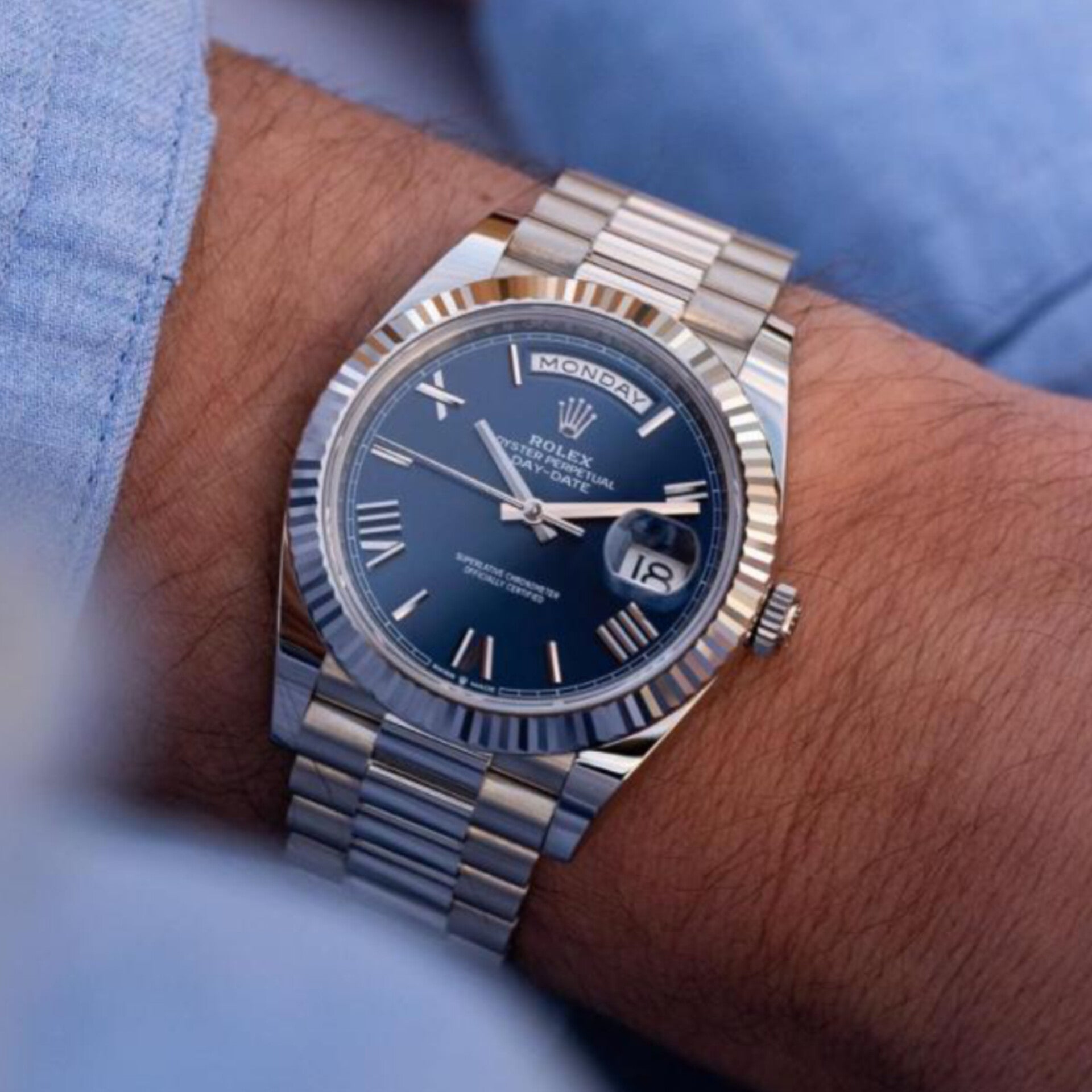 ROLEX DAY DATE SILVER BLUE ROMAN (CELL MODEL)