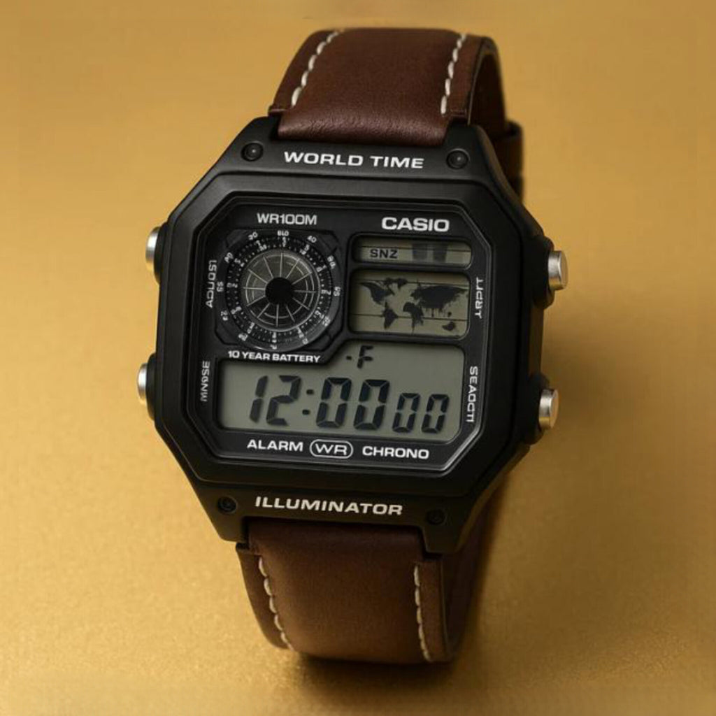 CASIO WATCH WITH LEATHER BELT (BROWN BLACK)