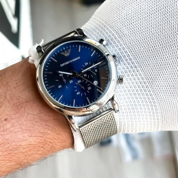 EMPORIO ARMANI LUIGI SILVER BLUE CHAIN BELT WATCH