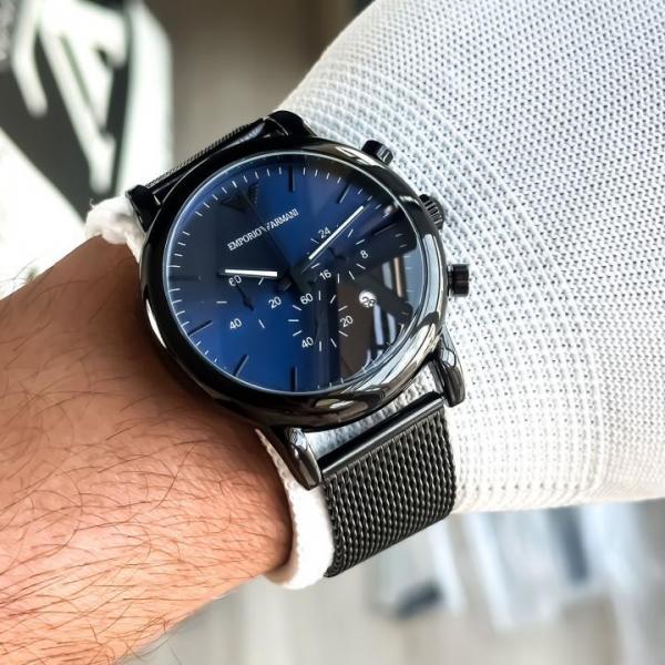 EMPORIO ARMANI LUIGI BLACK BLUE CHAIN BELT WATCH