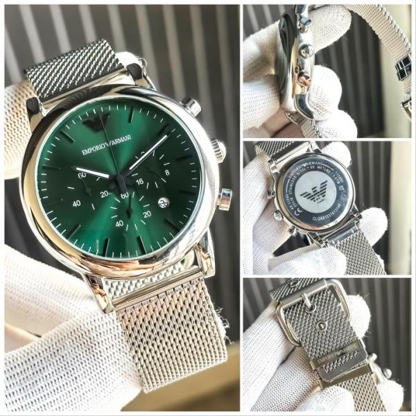 EMPORIO ARMANI LUIGI SILVER GREEN CHAIN BELT WATCH