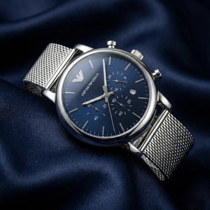 EMPORIO ARMANI LUIGI SILVER BLUE CHAIN BELT WATCH