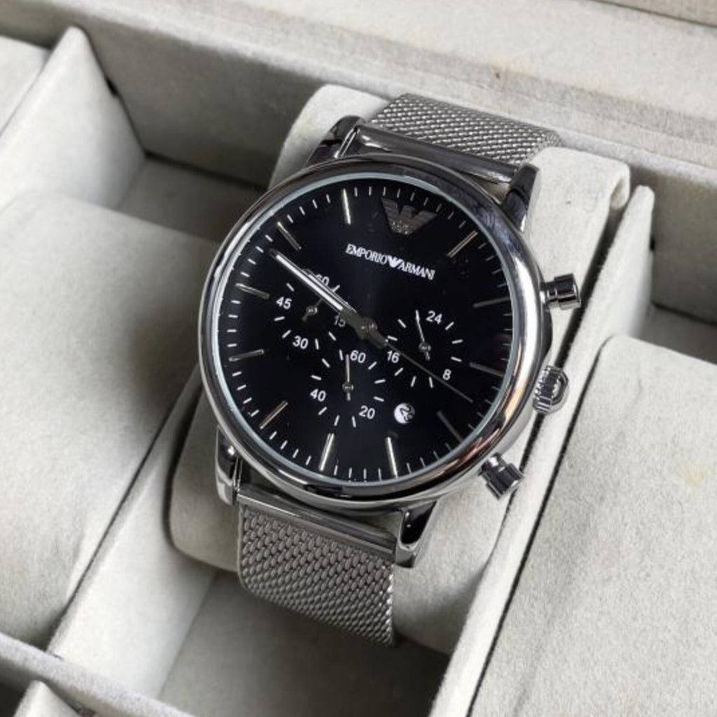 EMPORIO ARMANI LUIGI SILVER BLACK CHAIN BELT WATCH