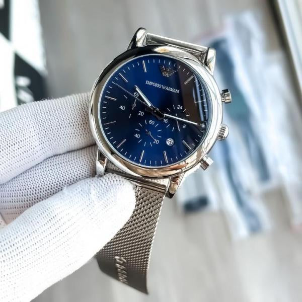 EMPORIO ARMANI LUIGI SILVER BLUE CHAIN BELT WATCH