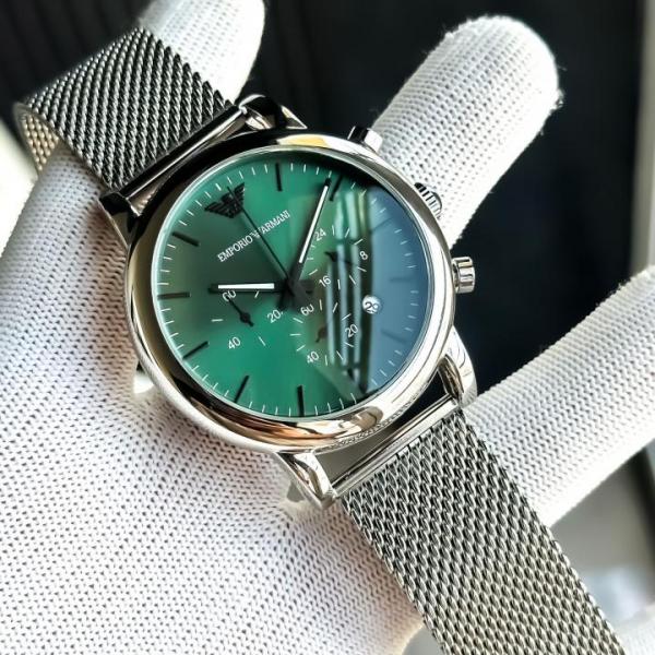 EMPORIO ARMANI LUIGI SILVER GREEN CHAIN BELT WATCH